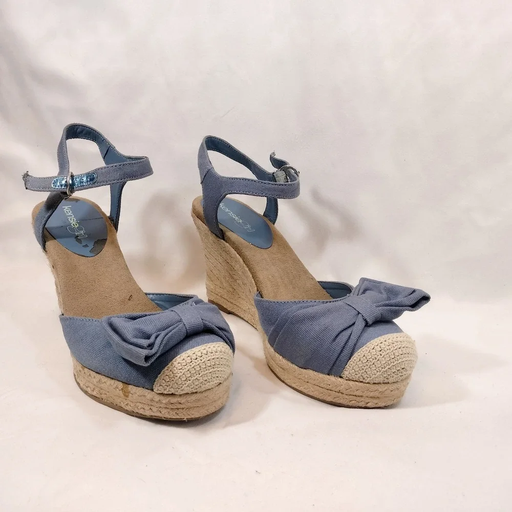 Kensie Girl Blue Espadrille Wedges; Bow Accent Ankle Strap Platform Sandals